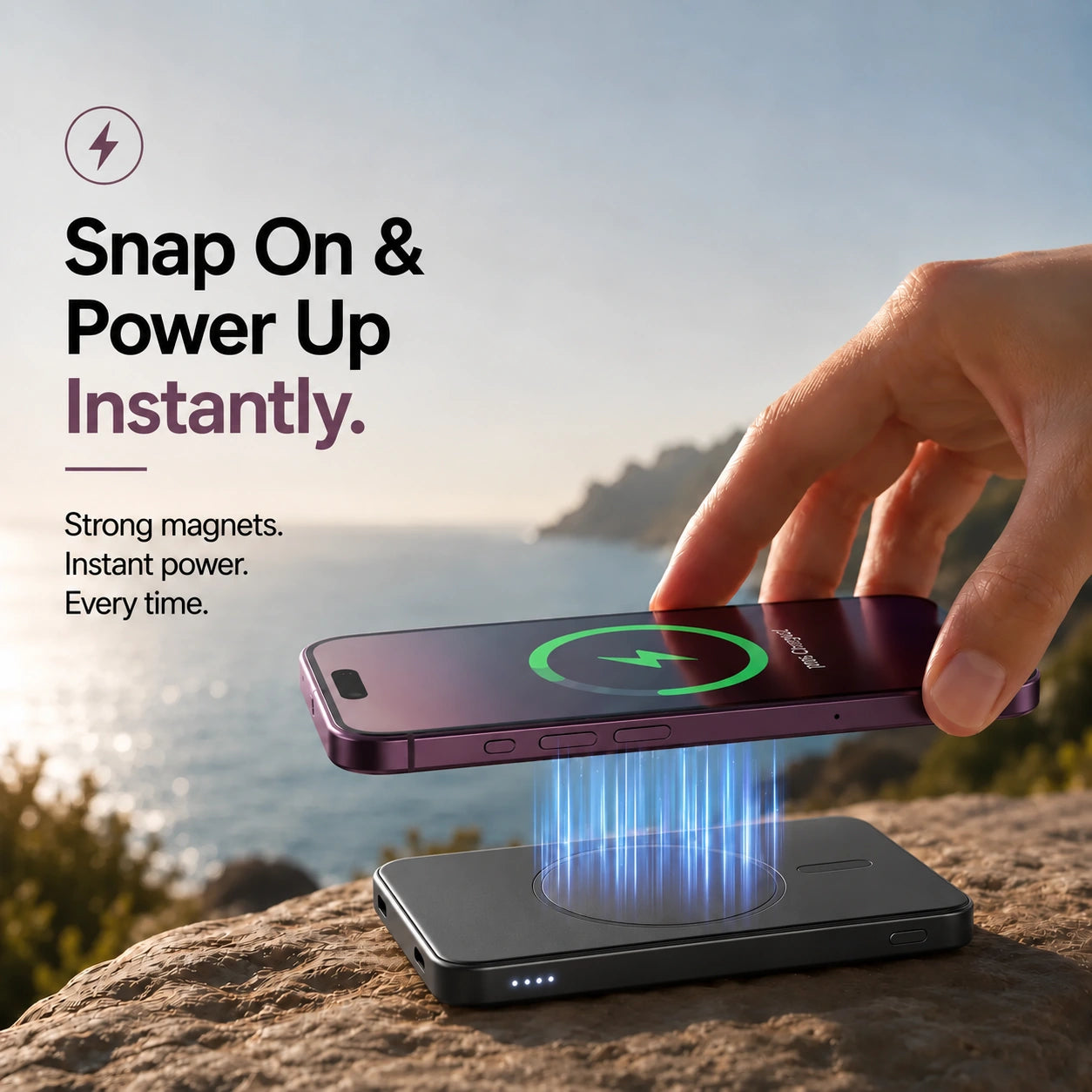 Midnight Black slim magnetic power bank with magnetic charging alignment #color_Midnight Black
