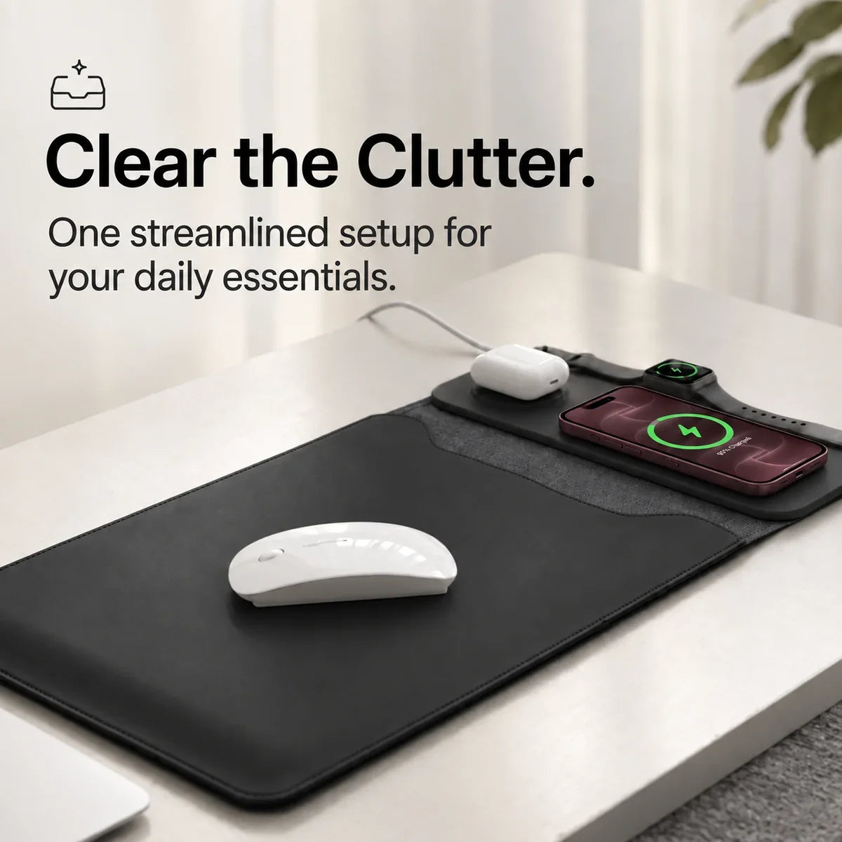 Midnight Black wireless charging laptop sleeve organizing a desk surface. #color_Midnight Black