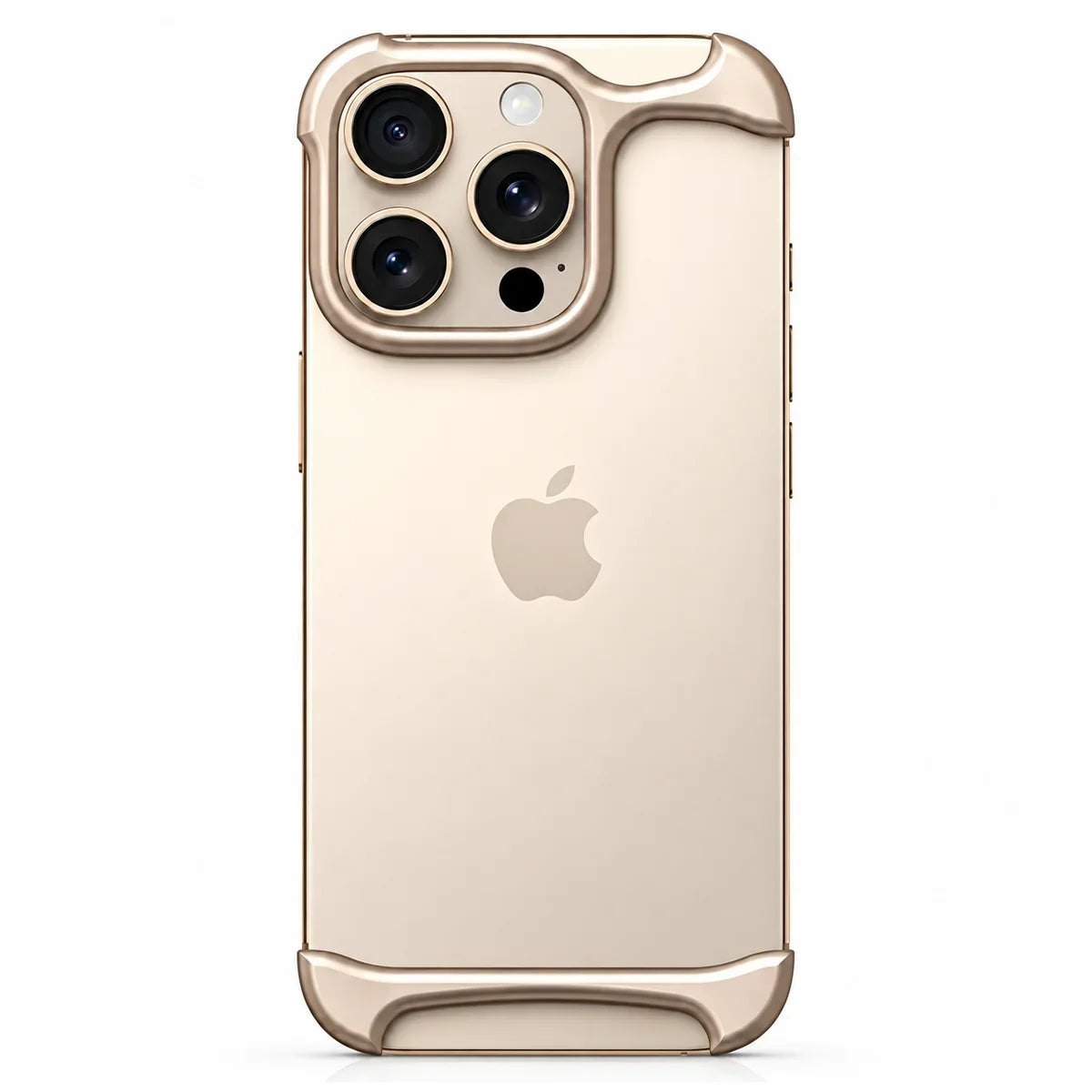 Gold two-piece metal phone bumper with exposed phone back on a white background #color_Champagne Gold