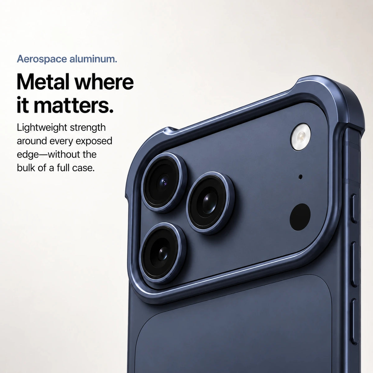 Dark blue metal phone bumper held in hand showing access to the side buttons #color_Deep Blue