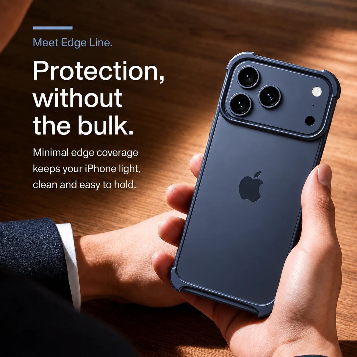 Dark blue metal phone bumper in a close-up of the sculpted camera surround #color_Deep Blue