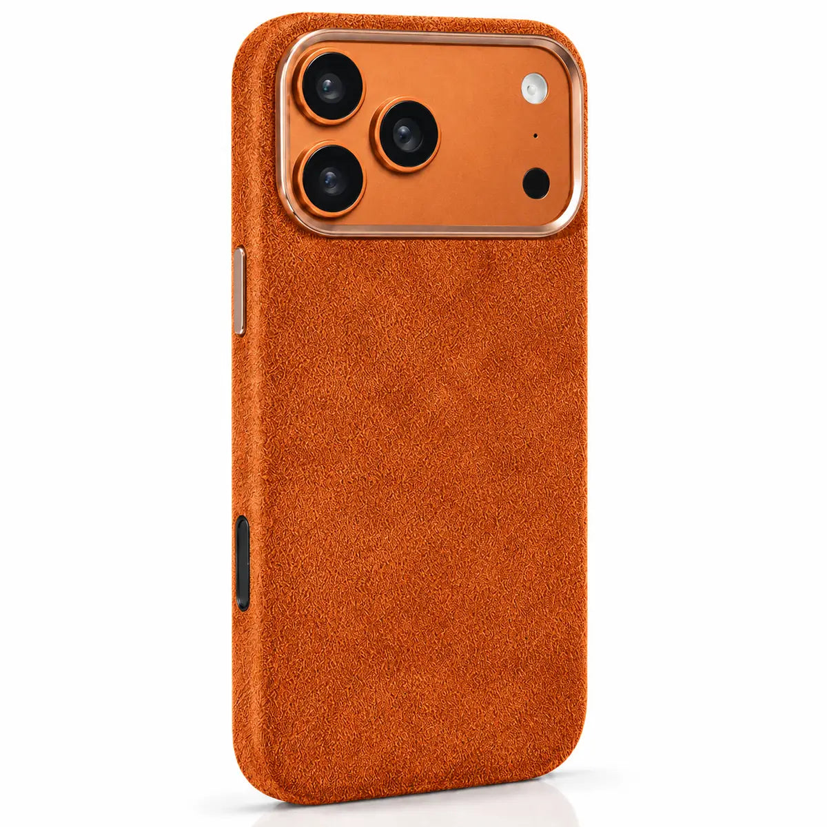 Orange fabric phone case in a slightly angled rear view, showing the side controls. #color_Cosmic Orange