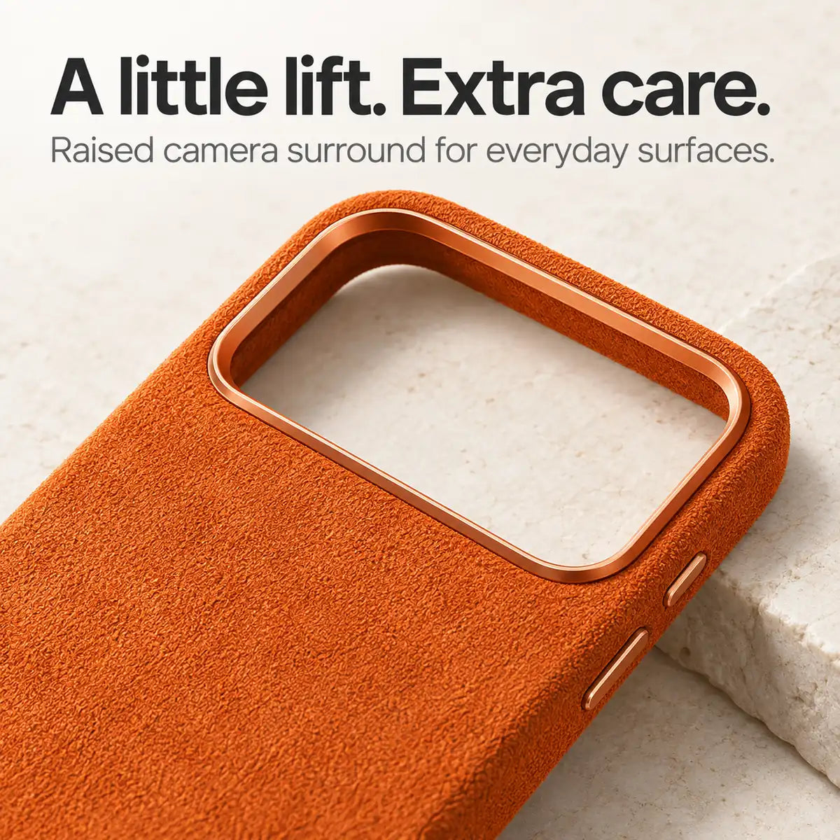 Orange fabric phone case with a close view of the raised camera surround. #color_Cosmic Orange