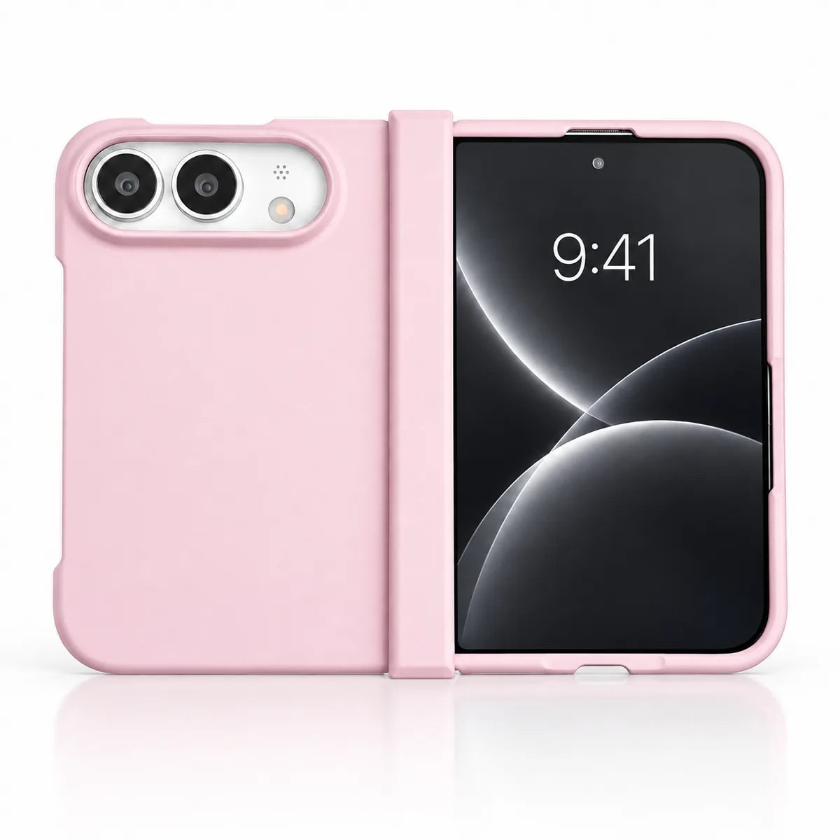 Pink matte case on a silver iPhone Ultra, showing the rear cover, matching outer display frame and hinge cover on white. #color_Petal Pink