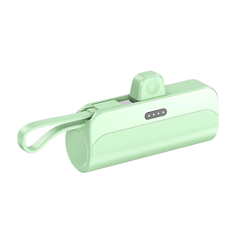 PowerBank Mini portable charger in multiple colors and capacities, compatible with USB-C and Lightning devices for Android and Apple, featuring a compact, lipstick-sized design with dual charging capability.