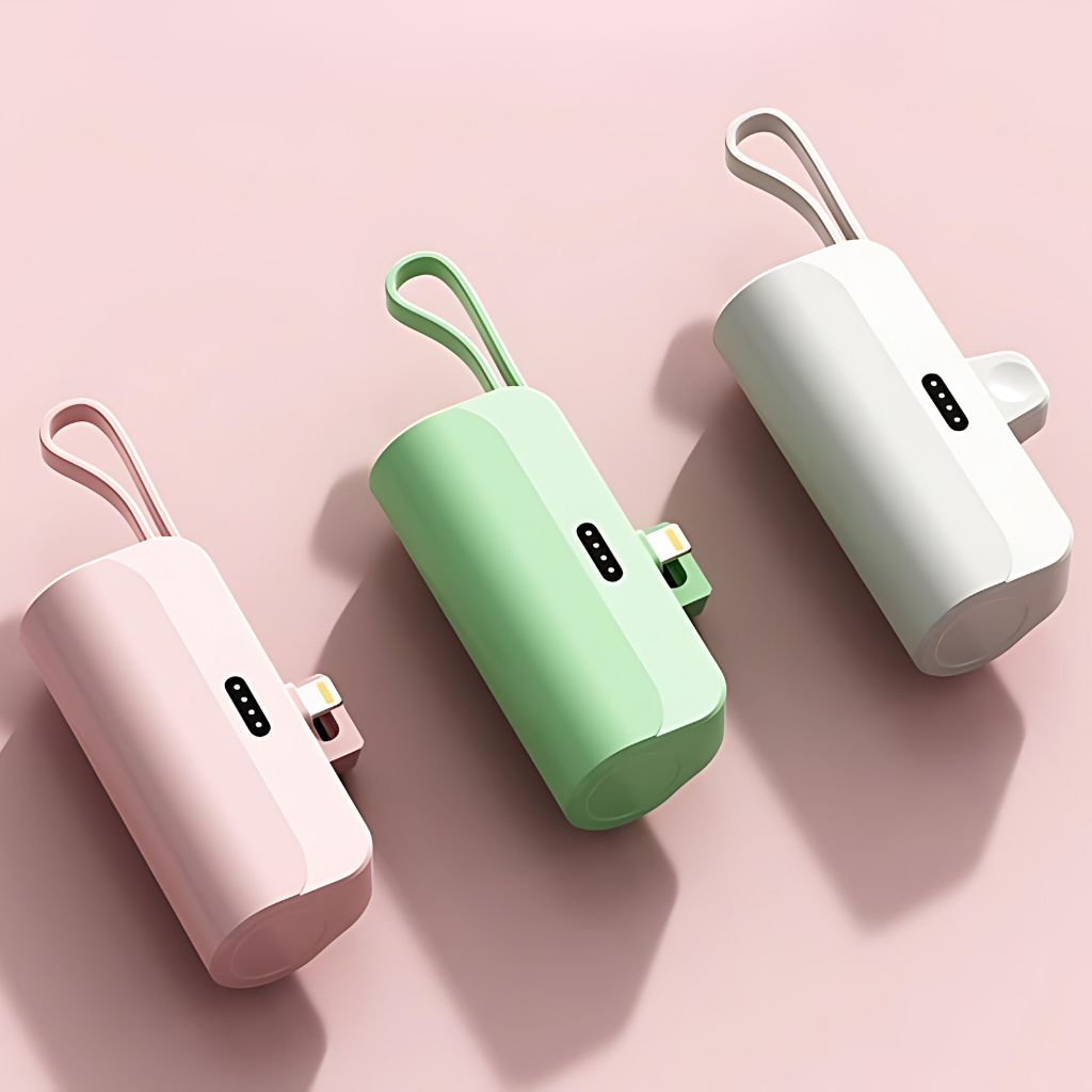 PowerBank Mini portable charger in multiple colors and capacities, compatible with USB-C and Lightning devices for Android and Apple, featuring a compact, lipstick-sized design with dual charging capability.