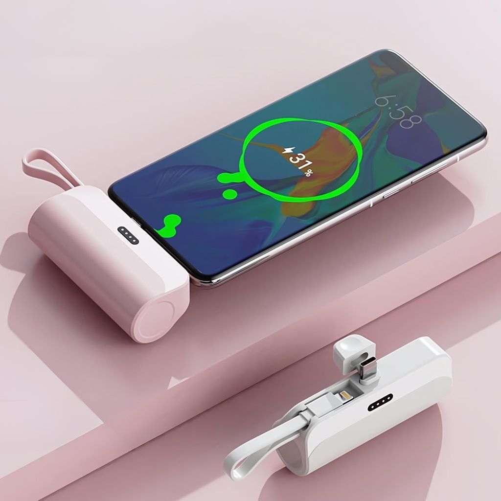 PowerBank Mini portable charger in multiple colors and capacities, compatible with USB-C and Lightning devices for Android and Apple, featuring a compact, lipstick-sized design with dual charging capability.