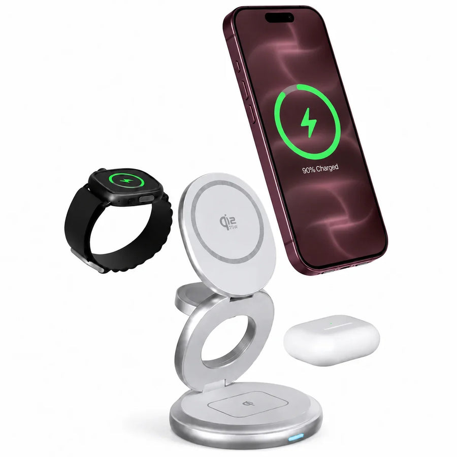 Arctic White rotating foldable wireless charger with Burgundy phone, watch and earbuds.