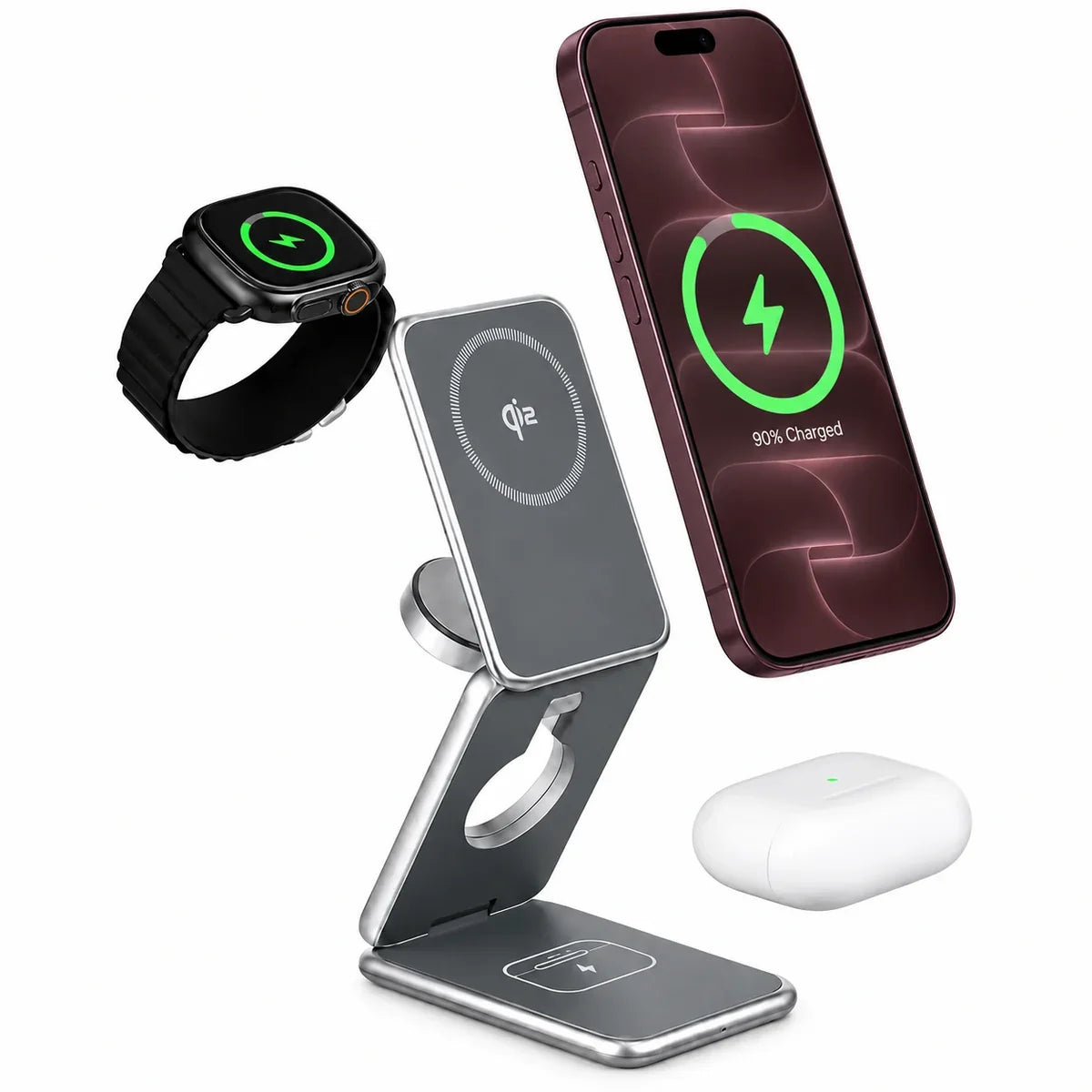 Foldable Qi2 3-in-1 travel charger for Burgundy iPhone, Apple Watch and AirPods.