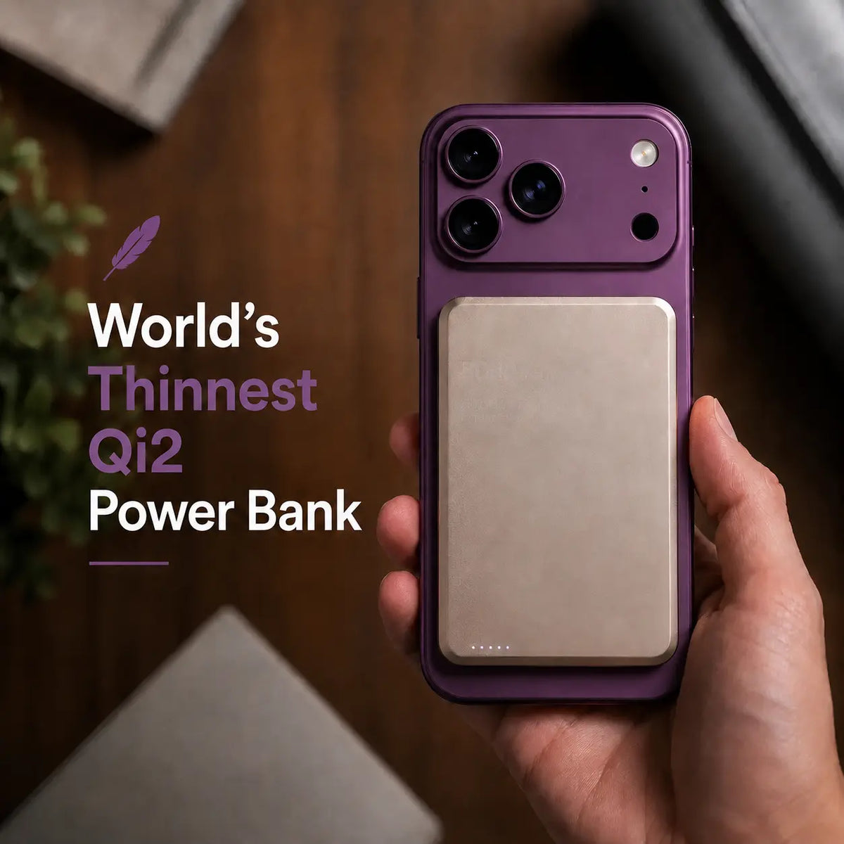 Titanium Stone Gray slim magnetic power bank held on a phone #color_Titanium Stone Gray