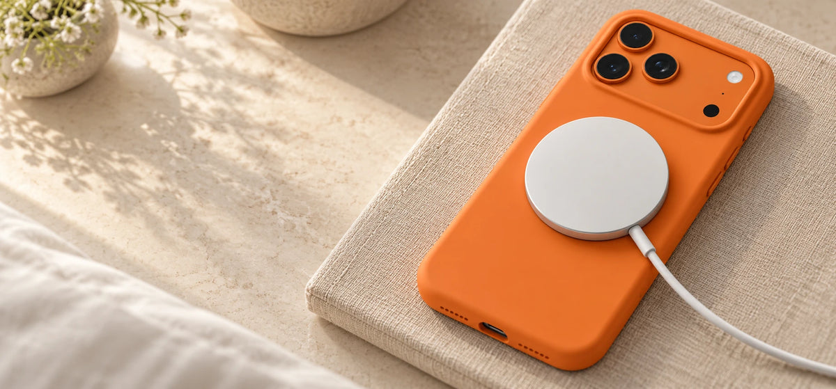 Round magnetic charging puck attached to the back of an orange silicone phone case.
