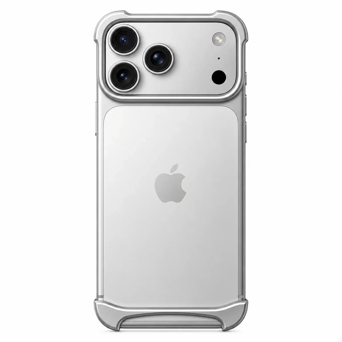 Silver two-piece metal phone bumper with exposed phone back on a white background #color_Titanium Silver