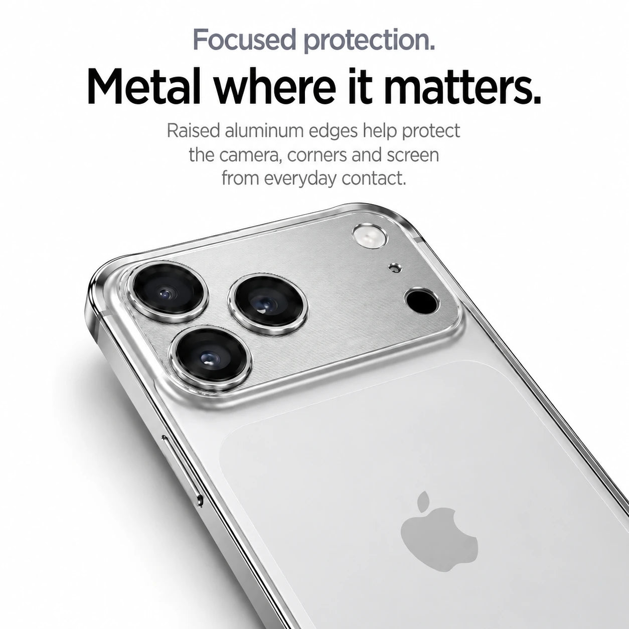 Silver aluminum frame phone case showing its raised camera and corner protection #color_Titanium Silver