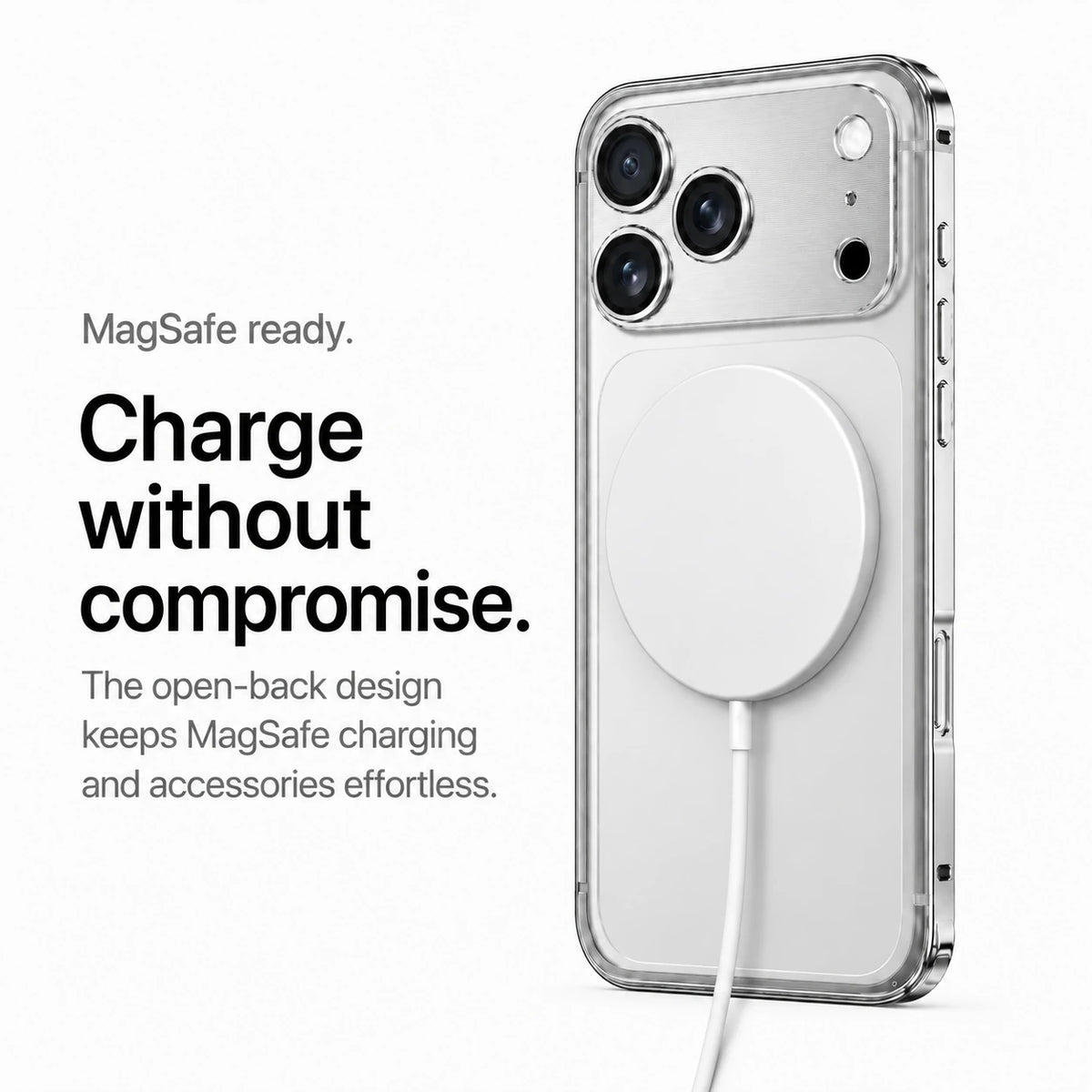 Silver aluminum frame phone case with a white wireless charging puck #color_Titanium Silver