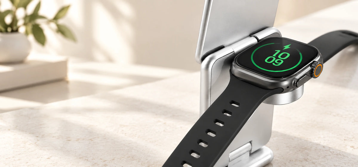 Close-up of a smartwatch resting on the charging pad of a silver folding wireless charger.