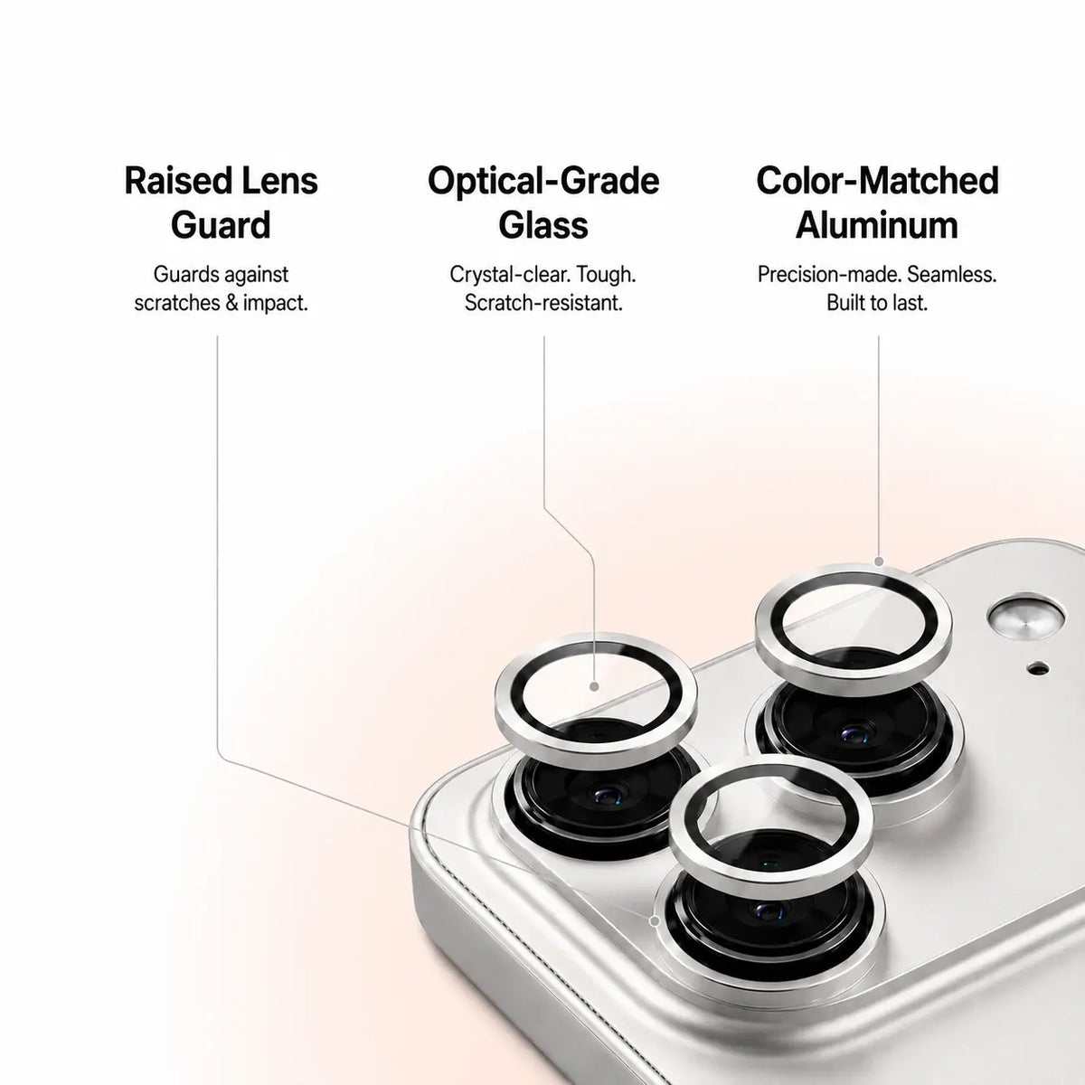 Silver metal phone case in an exploded close-up showing camera lens guards and trim #color_Titanium Silver