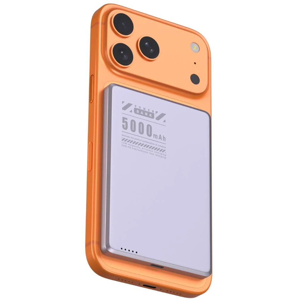 Lavender slim magnetic power bank on an orange phone with a compact battery #color_Lavender