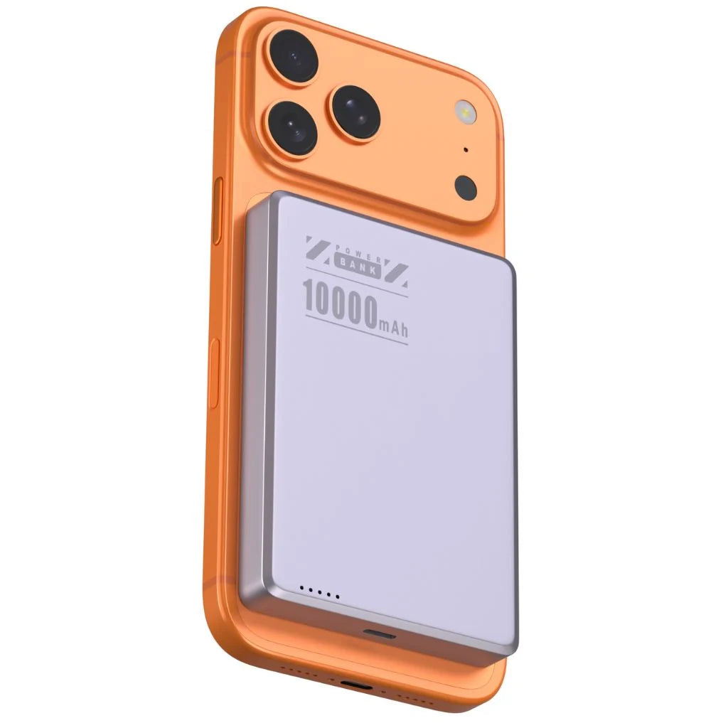 Lavender slim magnetic power bank on an orange phone with a larger battery #color_Lavender