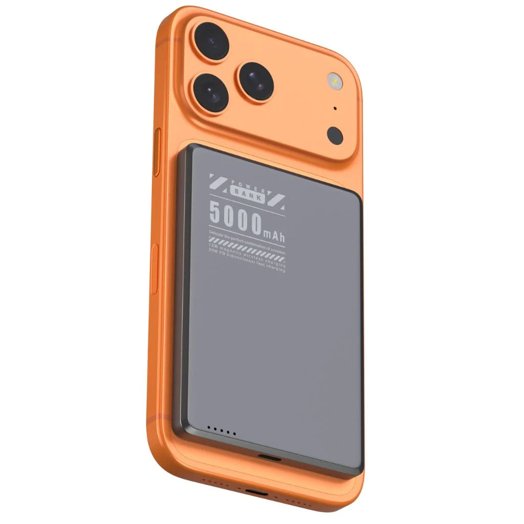 Midnight Black slim magnetic power bank on an orange phone with a compact battery #color_Midnight Black