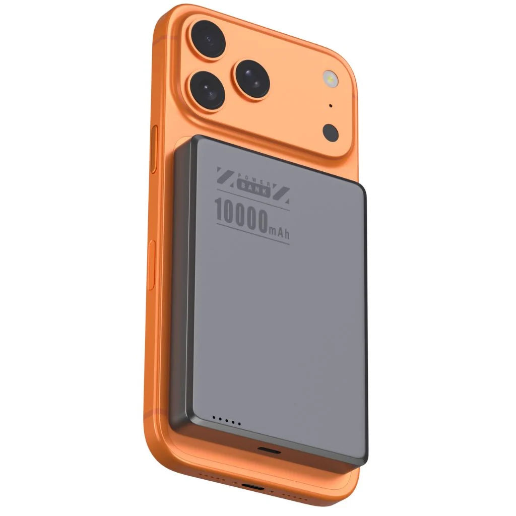 Midnight Black slim magnetic power bank on an orange phone with a larger battery #color_Midnight Black