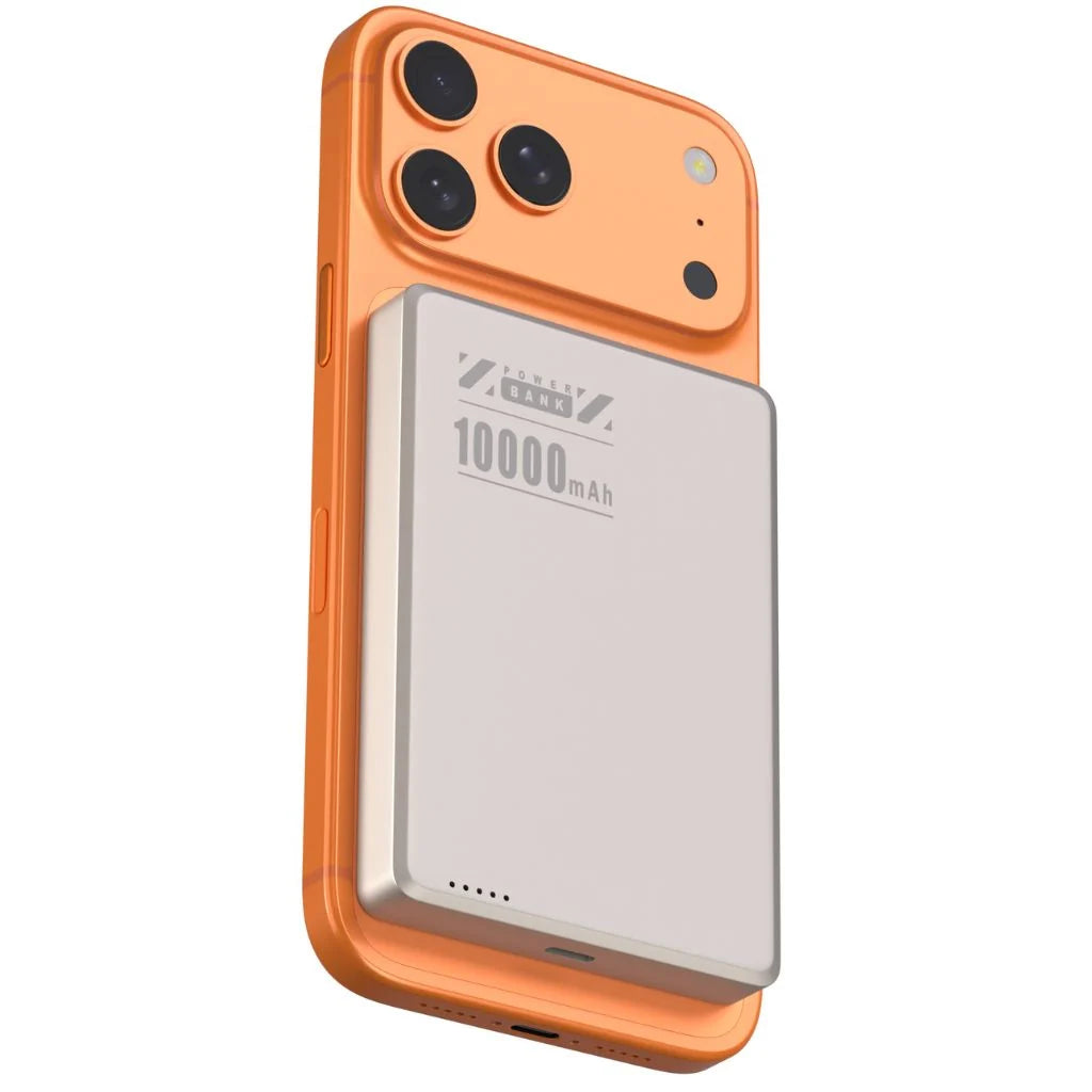 Titanium Stone Gray slim magnetic power bank on an orange phone with a larger battery #color_Titanium Stone Gray