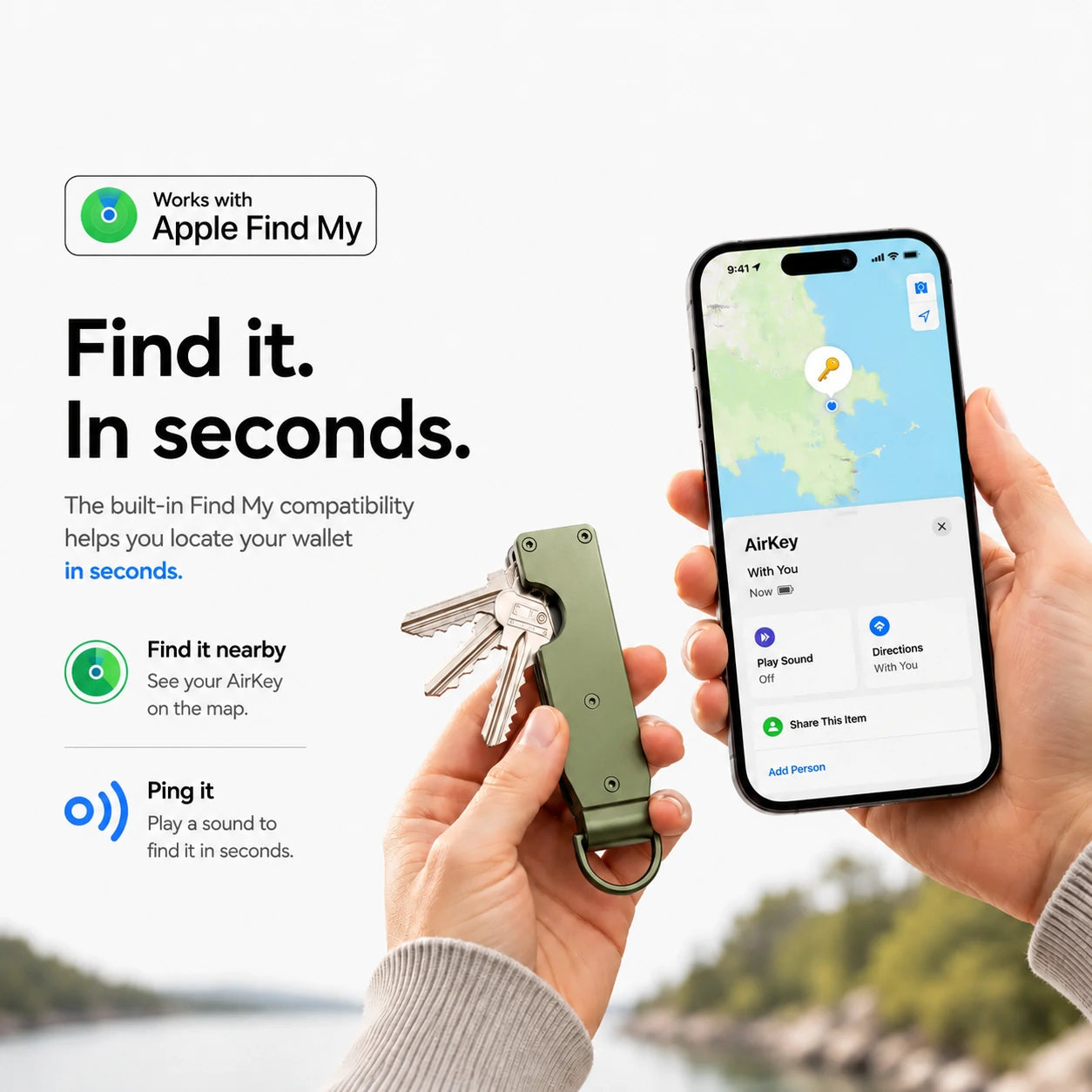 Spring Green compact tracking key organizer being located with a phone #color_Spring Green