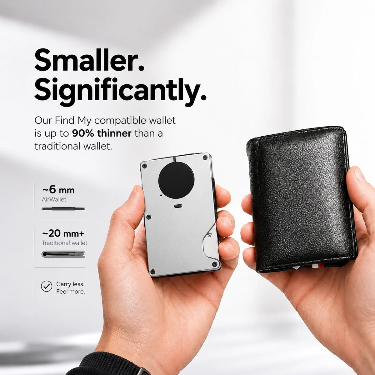 Titanium Silver slim tracking card wallet compared with a traditional wallet #color_Titanium Silver