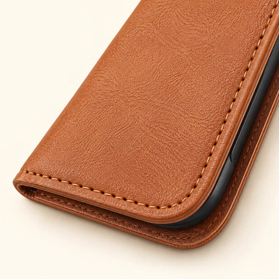 Close-up of the grained brown wallet surface and stitched rounded corner.