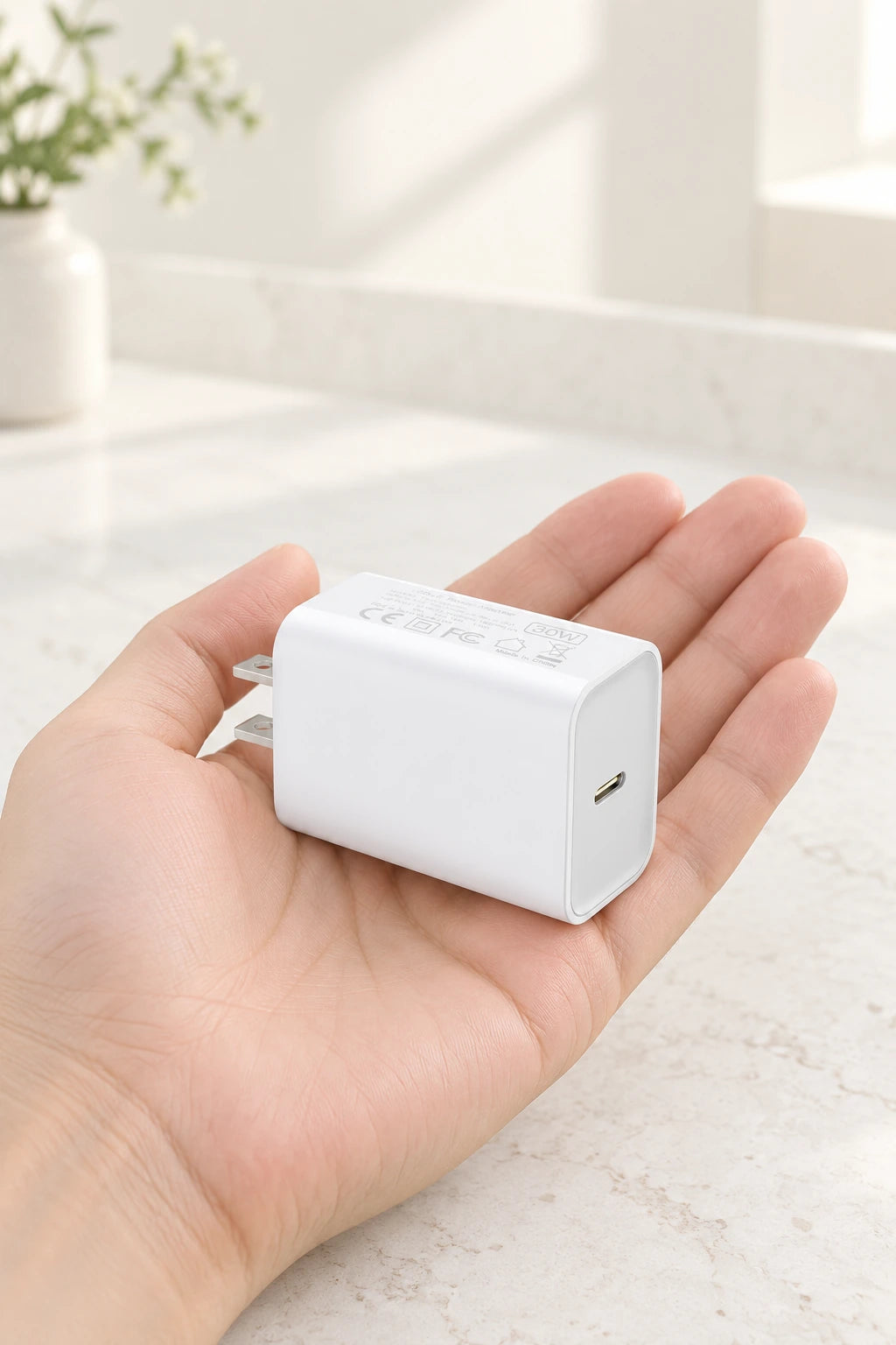 White rectangular USB-C adapter resting in an open palm.