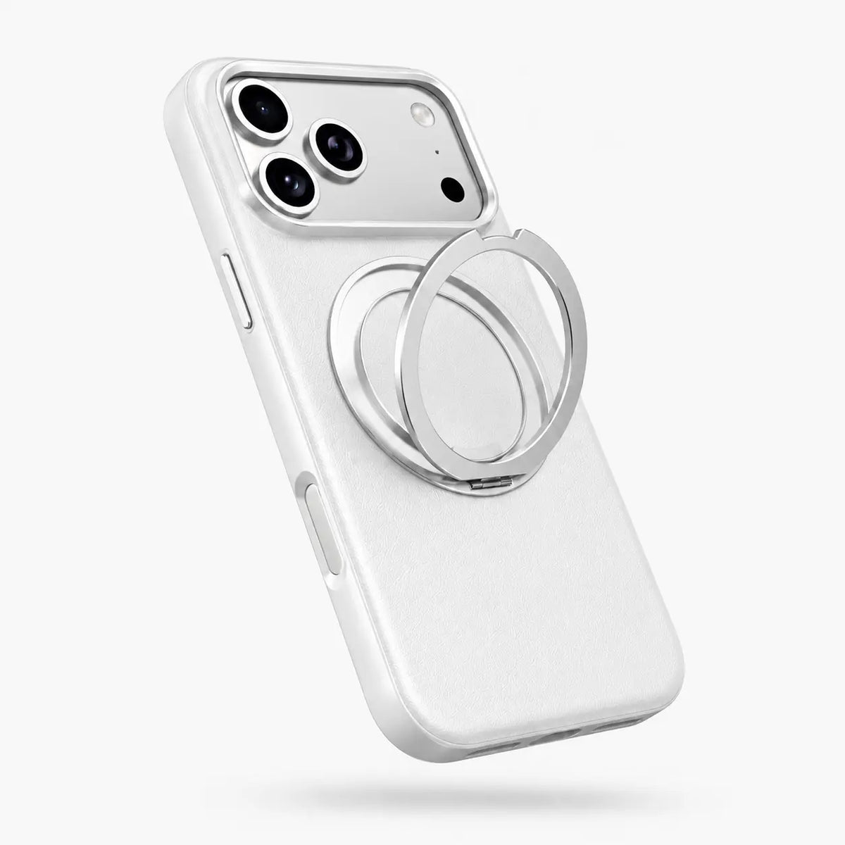 White leather phone case with an open rotating ring stand on a white background #color_Polar White