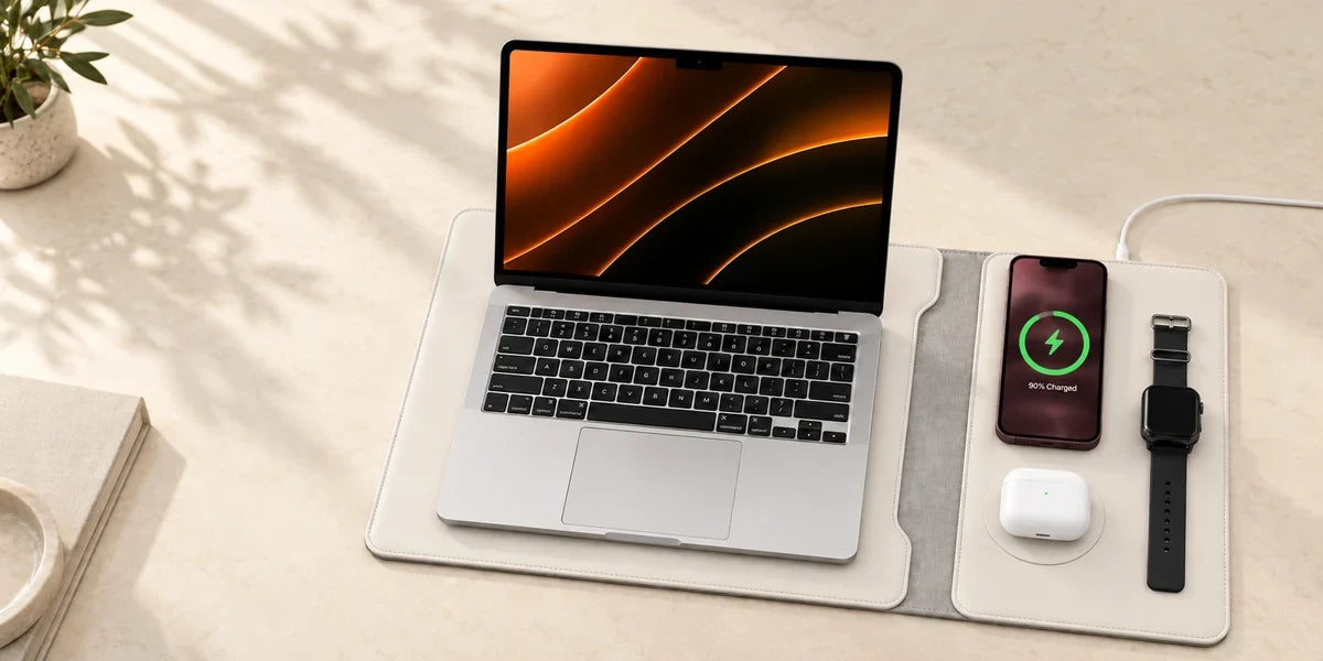 White charging laptop sleeve opened beneath a laptop, phone, watch and earbuds.