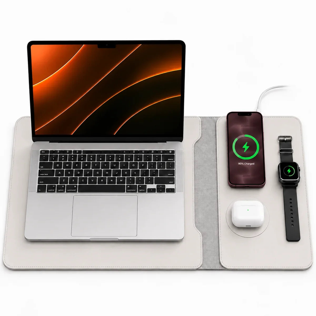 Cloud White wireless charging laptop sleeve with three charging areas. #color_Cloud White