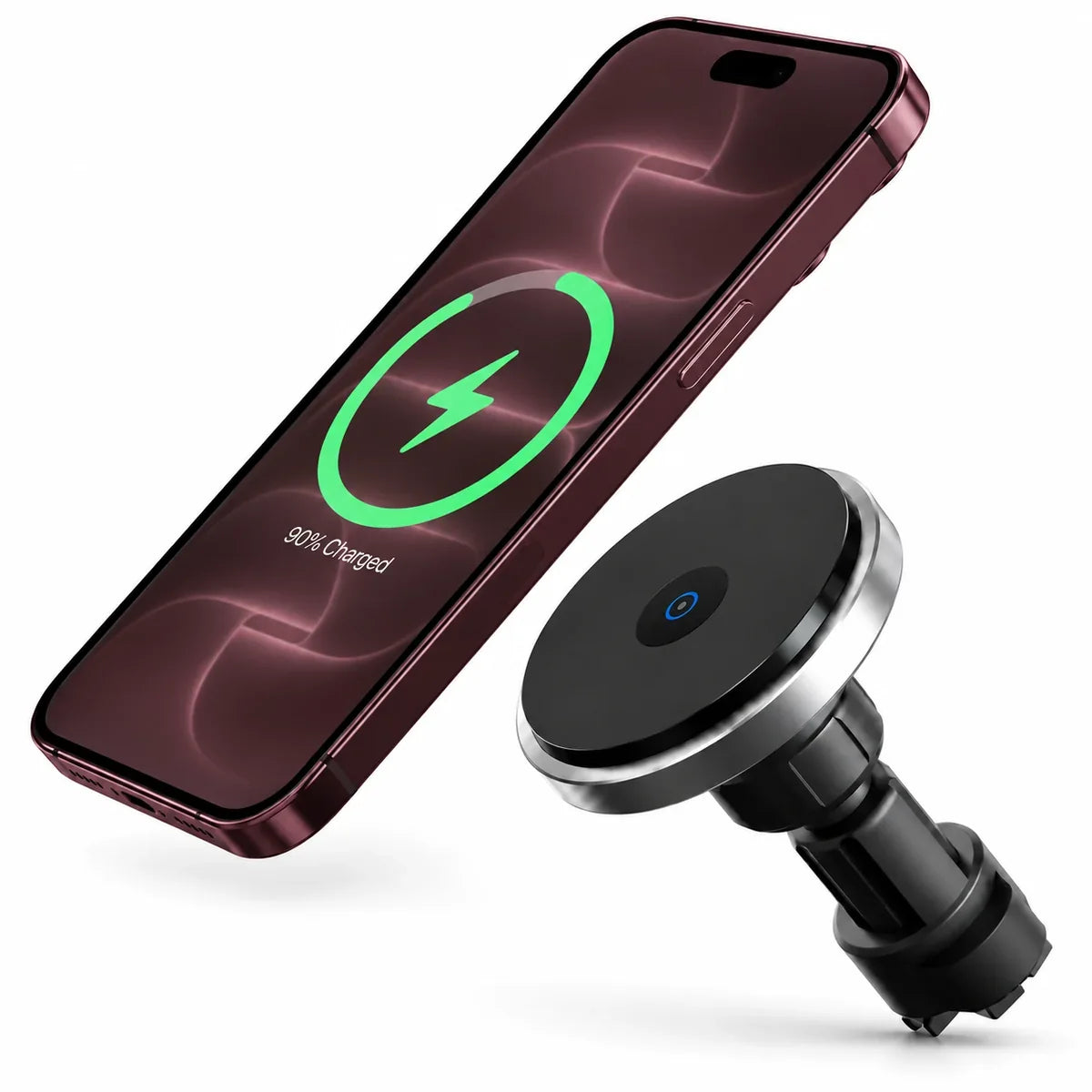 Titanium Silver magnetic car charger with Burgundy phone above round charging head. #color_Titanium Silver