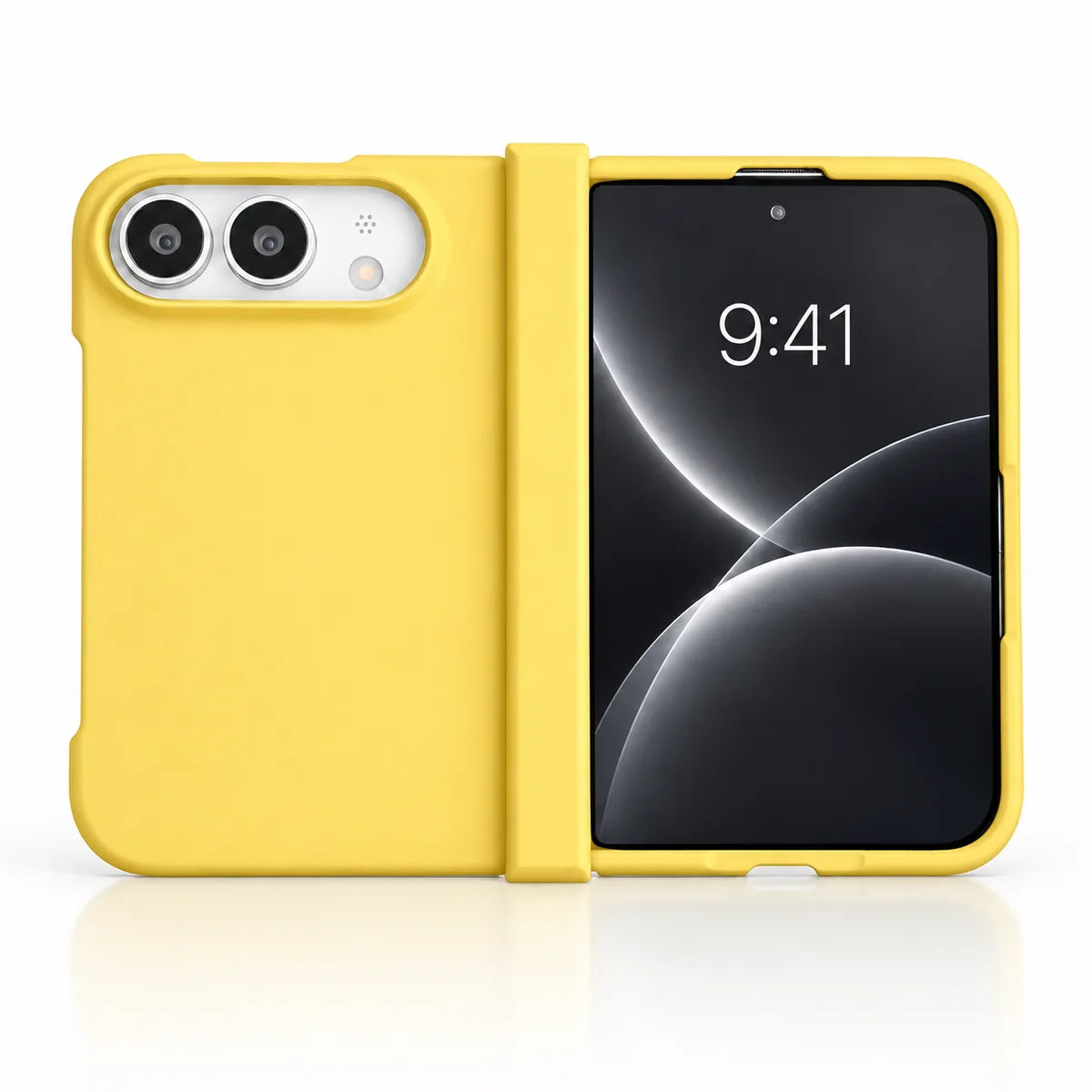 Yellow matte case on a silver iPhone Ultra, showing the rear cover, matching outer display frame and hinge cover on white. #color_Solstice Yellow